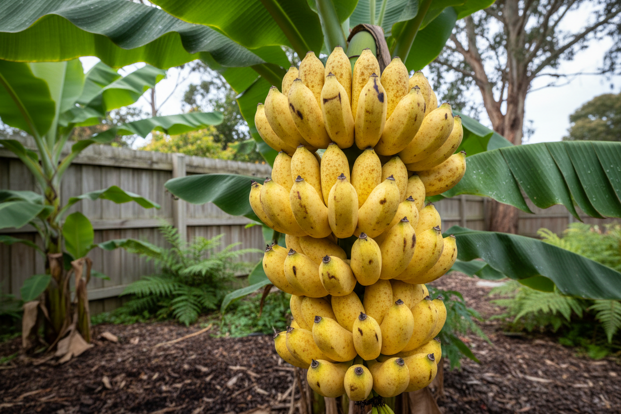 Ceylon Pisang Banana Tree with Ripe Fruit in Melbourne Garden