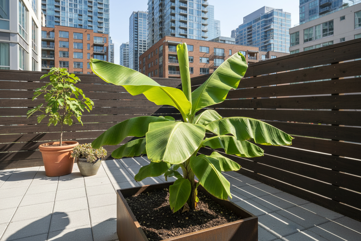 hyper realistic dwarf cavendish banana plant in an urban backyard