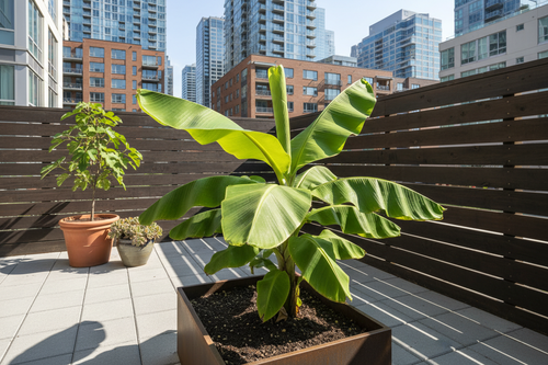hyper realistic dwarf cavendish banana plant in an urban backyard
